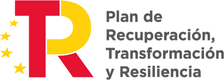 Logo del Plan de Recuperación, Transformación y Resiliencia, que incluye letras "R" y "T" en colores rojo y amarillo, junto con estrellas, simbolizando la recuperación económica y social en España.
